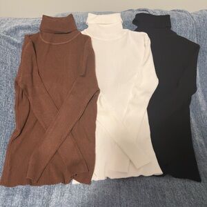SHEIN Ribbed Turtleneck Long Sleeve Top — Brown, White & Black
